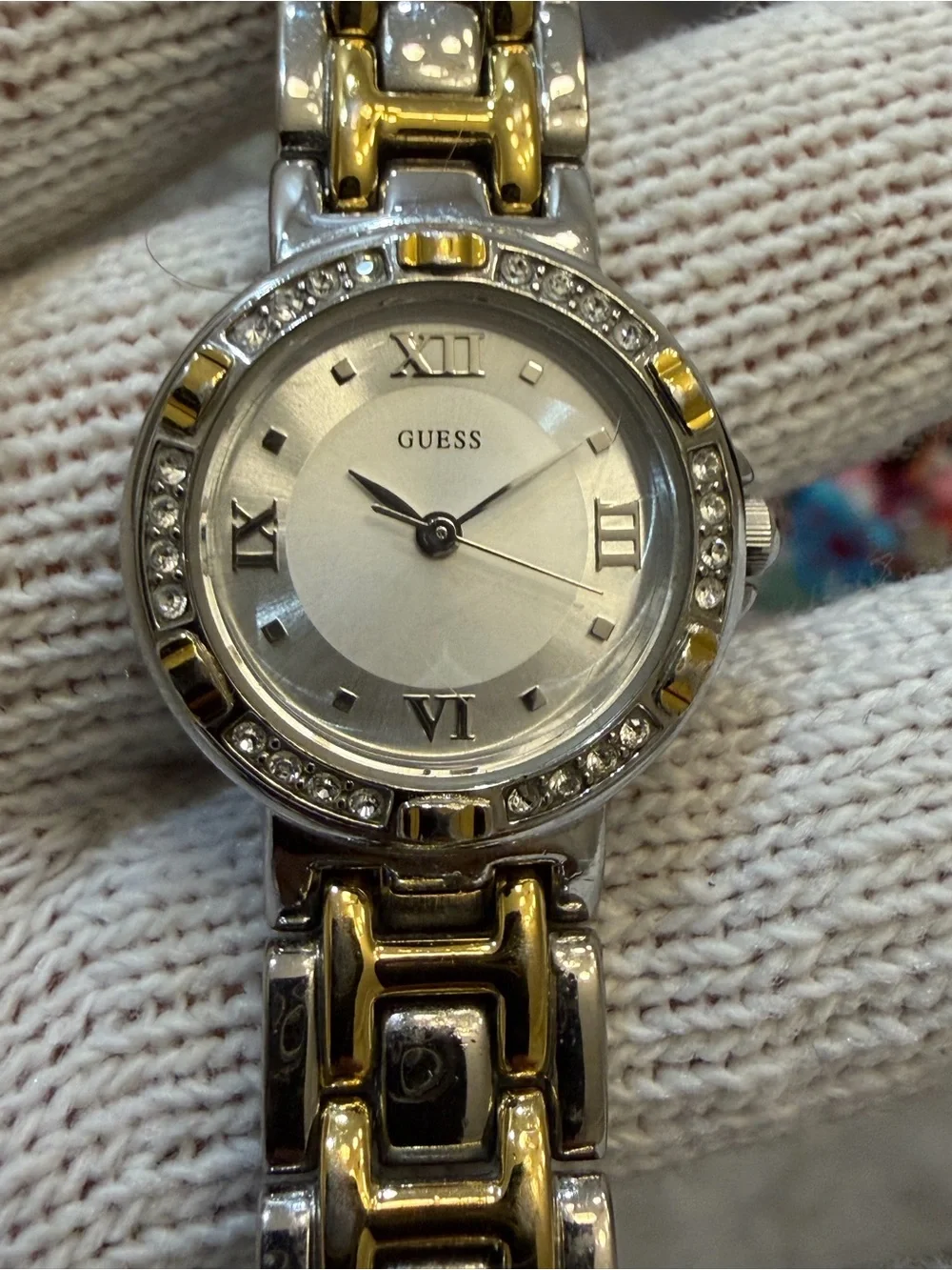 Guess Women's Two-Tone Crystal Bezel Watch Silver Dial Roman Numerals G75479L
